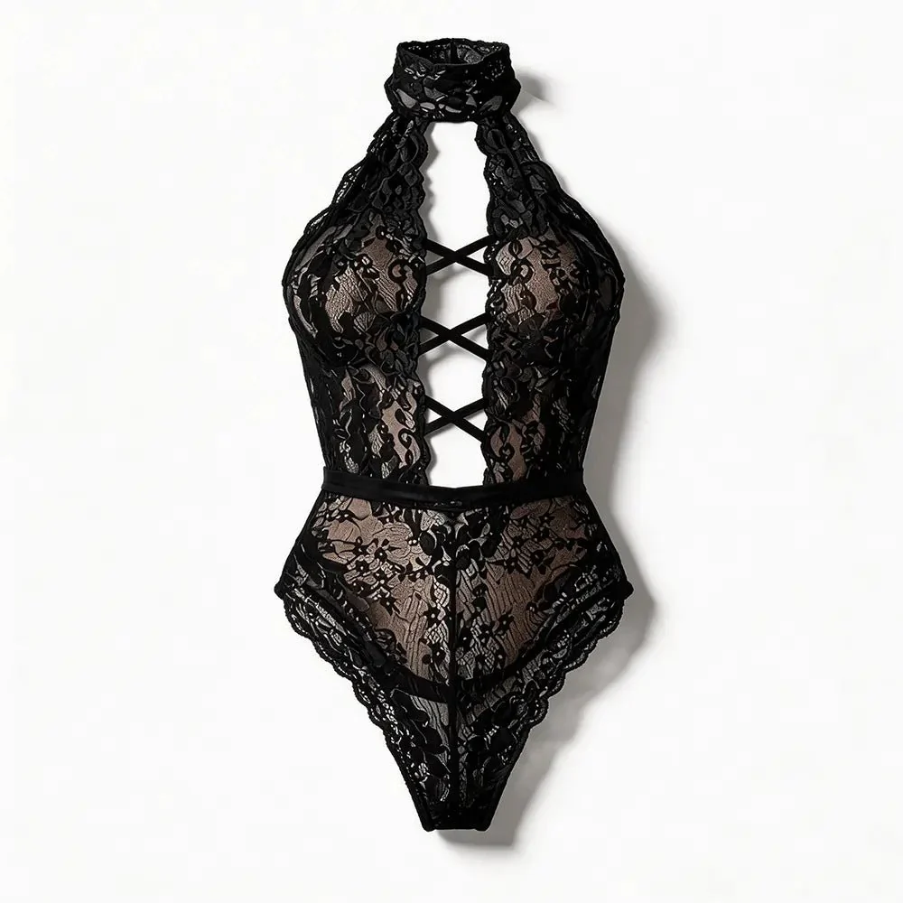 Tiffanya Halter Neck Lace-Up Lace Bodysuit – Black – Positano