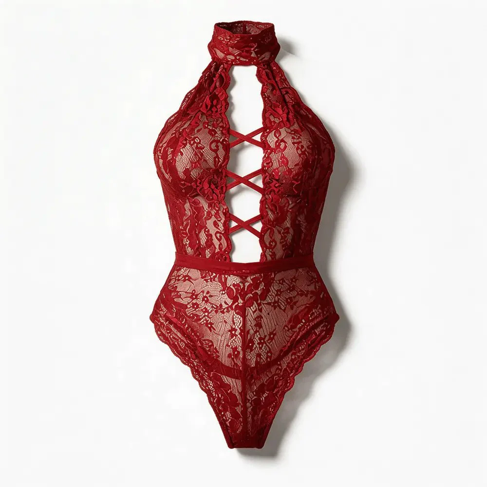 Tiffanya Halter Neck Lace-Up Lace Bodysuit – Red – Positano