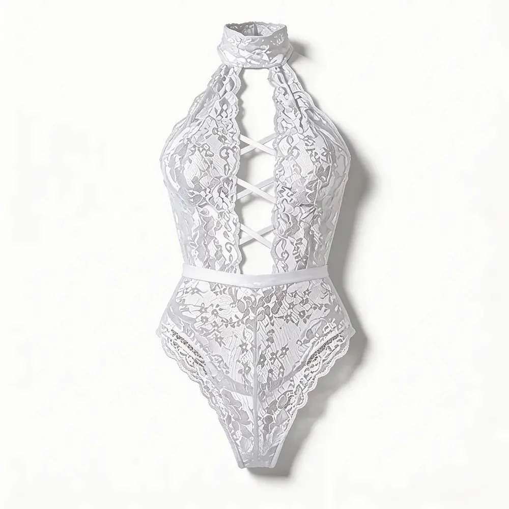 Tiffanya Halter Neck Lace-Up Lace Bodysuit – White – Positano