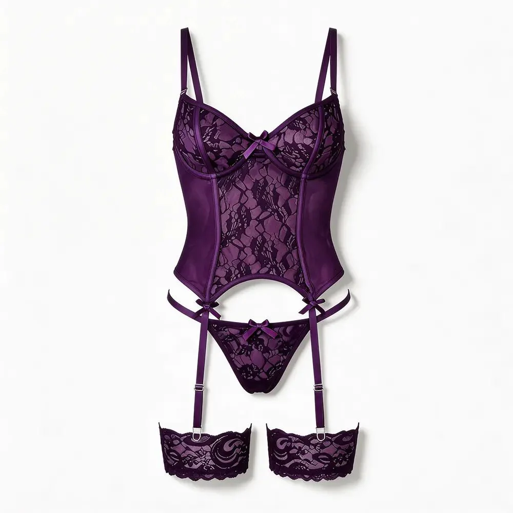 Tiffanya Lace Corset Lingerie Set with Garter Belt – Purple – Milano
