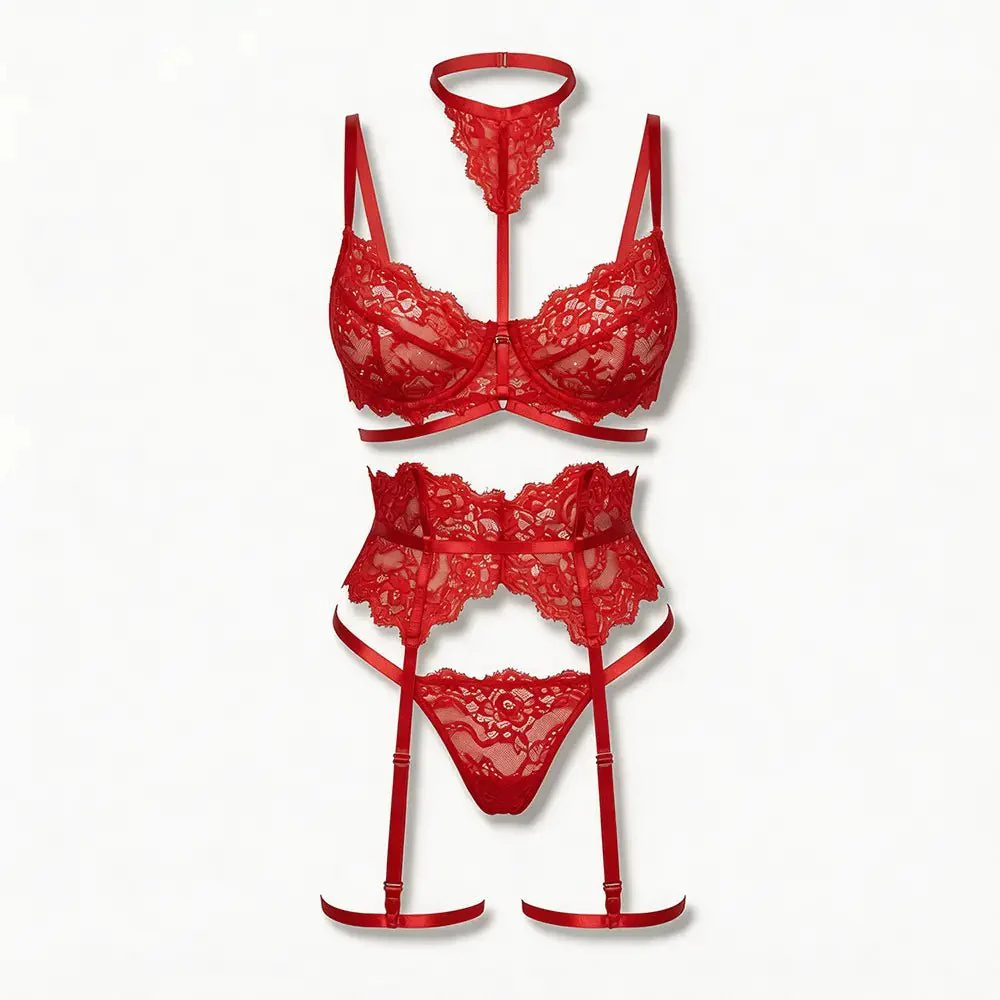 Tiffanya Lace Lingerie Set with Choker & Garter Belt – Red – Portofino