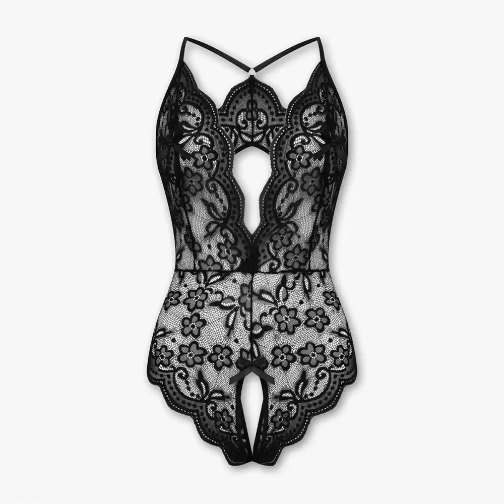 Tiffanya Open Back Lace Crotchless Bodysuit – Black – Monaco