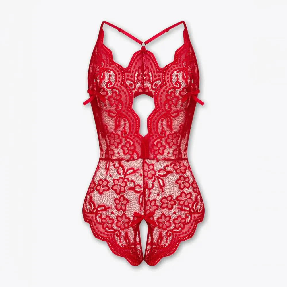 Tiffanya Open Back Lace Crotchless Bodysuit – Red – Monaco