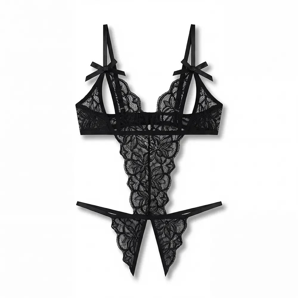 Tiffanya Plunge Lace Crotchless Bodysuit – Black – St-Tropez