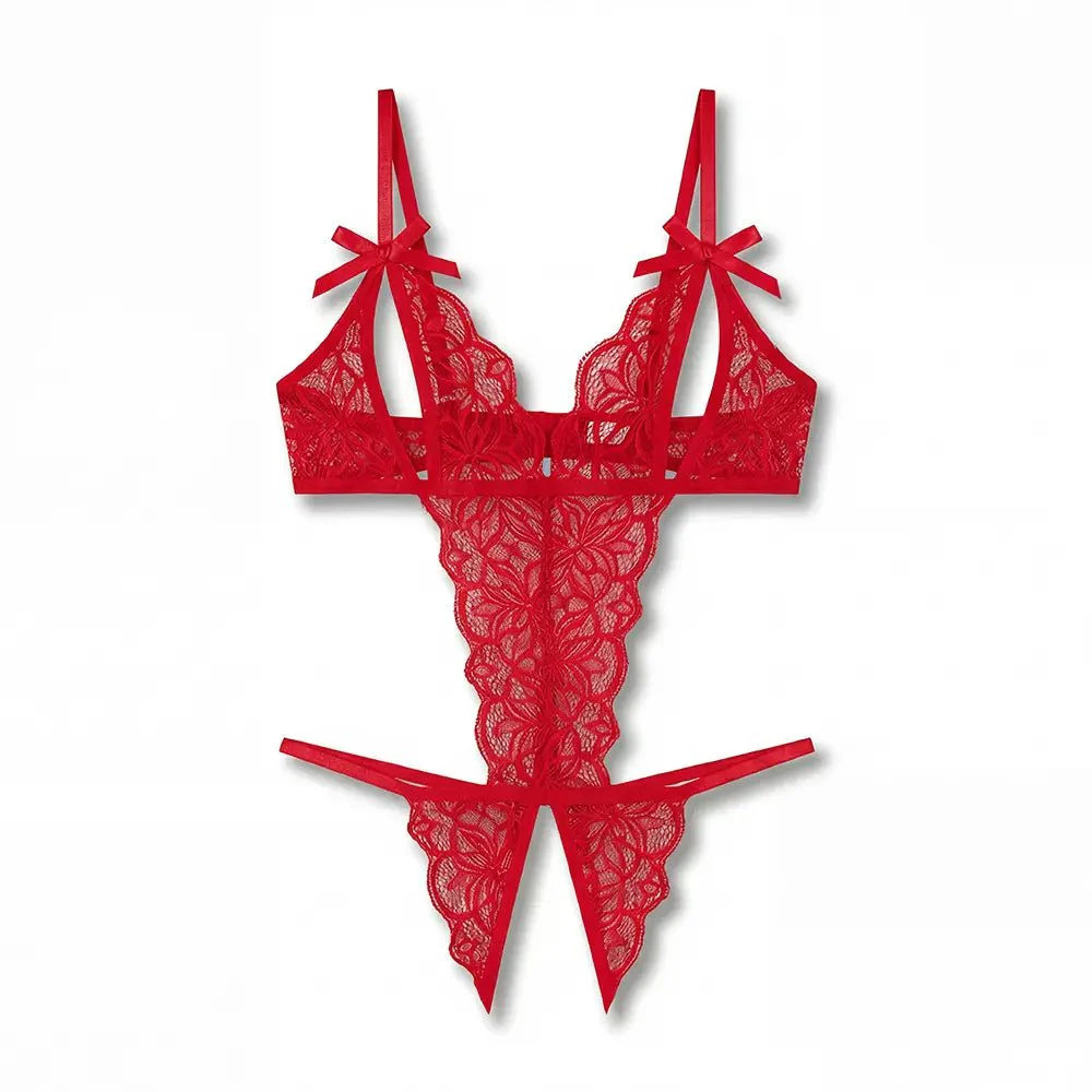 Tiffanya Plunge Lace Crotchless Bodysuit – Red – St-Tropez