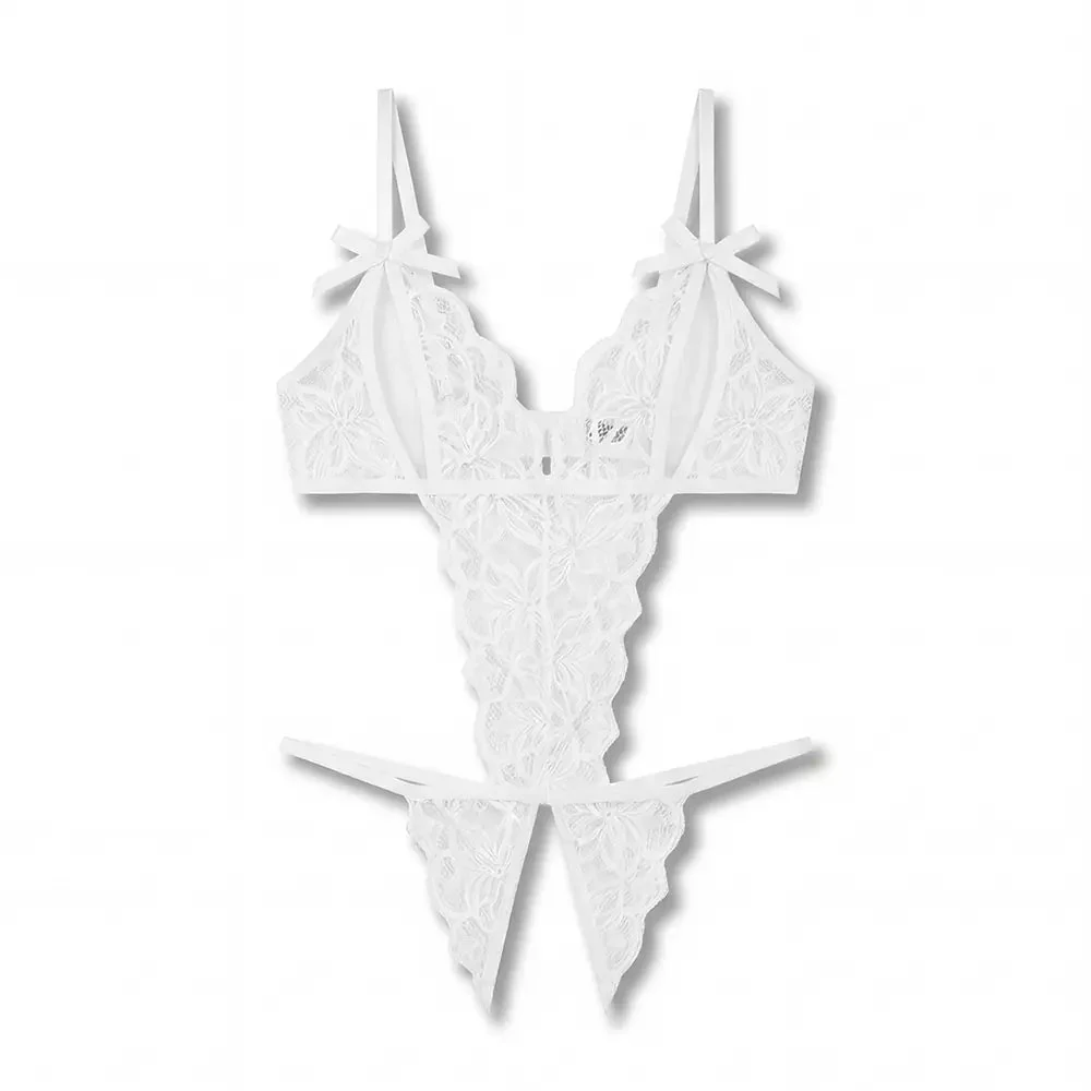 Tiffanya Plunge Lace Crotchless Bodysuit – White – St-Tropez